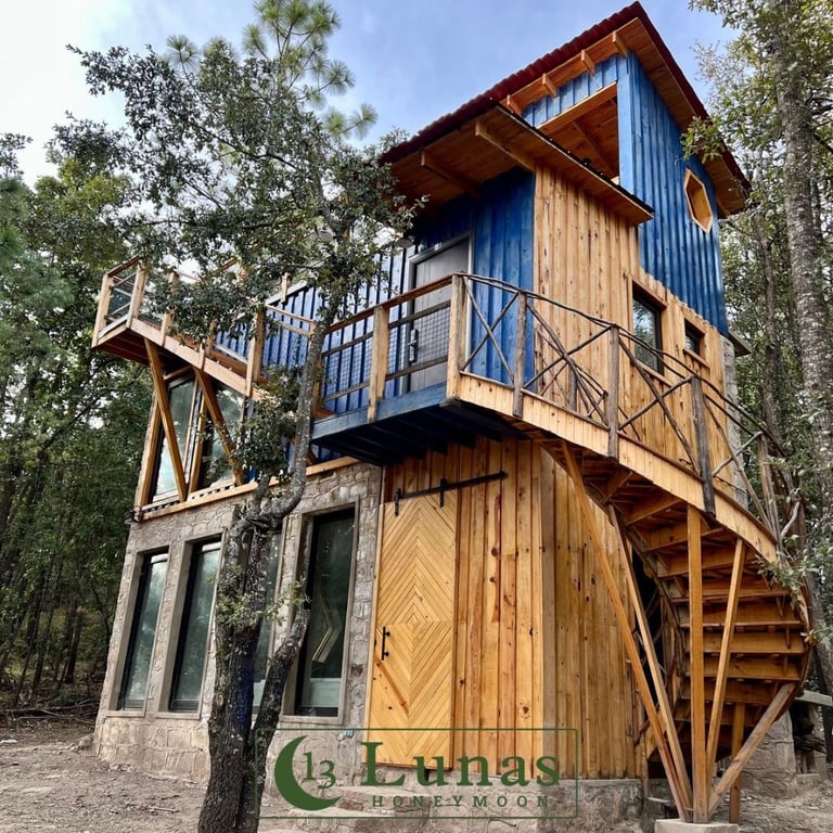 13 Lunas, cabaña de piedra y madera con terraza entre pinos